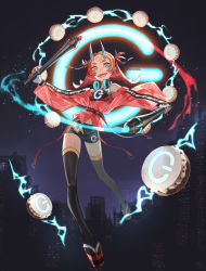 Rule 34 | absurdres, bare shoulders, black thighhighs, blonde hair, blue eyes, city, cityscape, dive to zone, drum, dual wielding, electricity, facial mark, fangs, fingernails, floating, gloves, glowing, headphones, headphones around neck, highres, holding, holding stylus, horns, instrument, long hair, makitoshi0316, multicolored hair, nail polish, navel, night, night sky, open mouth, original, power symbol, red hair, red nails, see-through, silhouette, sky, smile, solo, streaked hair, stylus, teeth, thighhighs, tongue, white gloves