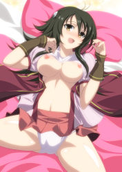 Rule 34 | 1girl, adeltrud walter, alternate breast size, black hair, blush, breasts, breasts out, brown eyes, highres, knight&#039;s and magic, large breasts, long hair, navel, open mouth, panties, spread legs, thick thighs, thighs, underwear, white panties