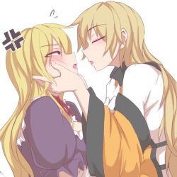 Rule 34 | 2girls, :o, anger vein, angry, blonde hair, blush, couple, closed eyes, face-to-face, facing another, female focus, flying sweatdrops, half-closed eyes, hands on another&#039;s cheeks, hands on another&#039;s face, hands up, imminent kiss, kuroba rapid, long hair, long sleeves, looking at another, matara okina, multiple girls, no headwear, no headwear, open mouth, profile, puffy short sleeves, puffy sleeves, purple eyes, red ribbon, ribbon, short sleeves, simple background, touhou, upper body, white background, wide sleeves, yakumo yukari, yuri