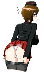Rule 34 | 1girl, ass, blush, breasts, brown eyes, brown hair, clothes pull, cube (huidama), from behind, garrison cap, girls und panzer, hat, kuromorimine military uniform, large breasts, looking at viewer, looking back, nishizumi maho, panties, pantyhose, pantyhose pull, short hair, solo, steaming body, sweat, underwear, wedgie