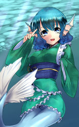 Rule 34 | 1girl, bad id, bad pixiv id, blue eyes, blue hair, breasts, doyouwantto, fins, head fins, japanese clothes, kimono, long sleeves, looking at viewer, matching hair/eyes, medium breasts, mermaid, monster girl, obi, open mouth, sash, smile, solo, touhou, wakasagihime, wide sleeves