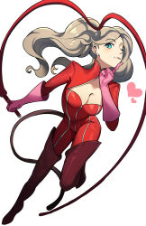 Rule 34 | 1girl, aqua eyes, blonde hair, bodysuit, boots, breasts, cleavage, closed mouth, dutch angle, earrings, full body, gloves, hand up, heart, jewelry, kuki tan, looking at viewer, medium breasts, one eye closed, parted bangs, persona, persona 5, pink gloves, pointing, pointing up, red bodysuit, red footwear, simple background, solo, standing, standing on one leg, swept bangs, takamaki anne, thigh boots, tongue, tongue out, twintails, whip, white background