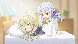 Rule 34 | 2girls, assault lily, bare shoulders, barefoot, black shirt, blanket, blonde hair, blunt bangs, blunt ends, blurry, blurry background, braid, breasts, chibi, cleavage, closed eyes, closed mouth, commentary request, flying sweatdrops, frilled pillow, frills, grey hair, hair ribbon, hair spread out, hands up, holding, holding blanket, kon kanaho, light blush, long hair, long sleeves, looking at another, lying, miyagawa takane, multiple girls, nightgown, off shoulder, official art, on bed, on side, open clothes, open mouth, open shirt, pillow, purple ribbon, ribbon, shirt, side braid, single bare shoulder, sleeping, small breasts, smile, sparkle, standing, sunlight, waking another, wavy hair, yellow eyes, yellow shirt