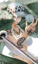 Rule 34 | 1girl, aqua hair, arm tattoo, breasts, chest tattoo, coat, coat on shoulders, fur coat, genderswap, genderswap (mtf), hand tattoo, hands up, hat, highres, holding, holding sword, holding weapon, large breasts, nail polish, one piece, parted lips, saitani, scar, scar on arm, short hair, solo, spoilers, sword, tank top, tattoo, trafalgar law, weapon, wet, wet clothes, white background, white tank top, yellow eyes