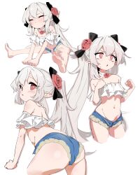 Rule 34 | 1girl, absurdres, ass, back, bare shoulders, barefoot, blush, brown eyes, clenched hands, grey background, grey hair, highres, long hair, looking at viewer, multiple views, navel, ocha (popopogg), original, pointy ears, short shorts, shorts, simple background, strapless, tube top, twintails