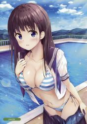 Rule 34 | 1girl, absurdres, bikini, bikini under clothes, black sailor collar, blue eyes, blue neckwear, blue skirt, blue sky, blush, breasts, brown hair, cleavage, clothes pull, cloud, cloudy sky, collarbone, cowboy shot, day, groin, hair ornament, hairclip, halterneck, highres, large breasts, lens flare, light rays, long hair, looking at viewer, miniskirt, mountainous horizon, navel, open clothes, open shirt, original, outdoors, parted lips, pasdar, pleated skirt, pool, railing, rooftop, sailor collar, scan, school uniform, serafuku, shirt, short sleeves, side-tie bikini bottom, skirt, skirt pull, sky, smile, solo, standing, striped bikini, striped clothes, sunbeam, sunlight, swimsuit, water, wet, wet clothes, wet shirt, white shirt