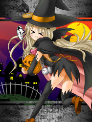 Rule 34 | &gt; &lt;, 1girl, :3, > <, bad id, bad pixiv id, blonde hair, blue eyes, blush, blush stickers, buttons, cape, chon hi, dress, closed eyes, fang, halloween, hat, highres, jack-o&#039;-lantern, large buttons, little busters!, long hair, nakada rumi, noumi kudryavka, pocket watch, pumpkin, silver hair, skirt, solo, standing, standing on one leg, thighhighs, watch, witch, x3