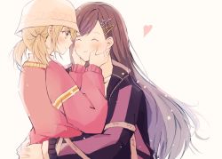 Rule 34 | 2girls, ^ ^, azusawa kohane, black hair, blonde hair, blush, closed eyes, closed eyes, hair ornament, hairclip, hands on another&#039;s face, hat, heart, hug, jacket, long hair, multiple girls, project sekai, shiraishi an, short twintails, smile, twintails, upper body, xuan, yuri