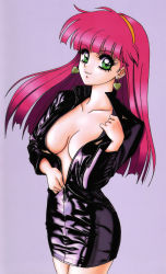Rule 34 | 1980s (style), 1girl, absurdres, breasts, breasts apart, collarbone, cowboy shot, dress, earrings, eyelashes, female focus, fingernails, green eyes, hairband, highres, jewelry, leather clothes, lips, long hair, long sleeves, looking at viewer, mon-mon (miyazaki kenjin), no bra, official art, oldschool, parted lips, pink hair, purple background, retro artstyle, shiny clothes, short dress, simple background, solo, undressing, unzipped, zipper