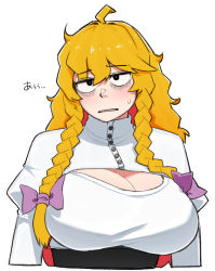 Rule 34 | 1girl, ahoge, alternate eye color, archived source, bad id, bad twitter id, bags under eyes, black eyes, blonde hair, bow, braid, breasts, cleavage, cleavage cutout, clothing cutout, commentary, cookie (touhou), cropped torso, hair bow, juliet sleeves, kirisame marisa, large breasts, long hair, long sleeves, looking at viewer, mars (cookie), ohasi, open mouth, puffy sleeves, purple bow, shirt, side braids, simple background, solo, touhou, twin braids, upper body, white background, white shirt