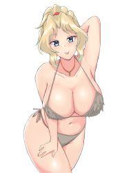 Rule 34 | 1girl, 20100813, absurdres, bikini, blonde hair, blue eyes, blush, breasts, cleavage, female focus, girls und panzer, highres, jewelry, kay (girls und panzer), large breasts, long hair, looking at viewer, navel, necklace, side-tie bikini bottom, solo, swimsuit, thong, thong bikini, tongue, tongue out, white bikini, wide hips