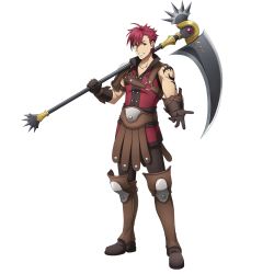 Rule 34 | 1boy, armor, full body, gloves, highres, l&#039;arc berg sickle, official art, red eyes, red hair, scythe, short hair, simple background, smile, solo, tate no yuusha no nariagari, tattoo, weapon