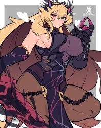 Rule 34 | 1girl, black dress, blonde hair, blue eyes, breasts, chain, darkness, dress, barghest (fate), fate/grand order, fate (series), hacco mayu, heart, heterochromia, highres, holding, holding sword, holding weapon, large breasts, long hair, pantyhose, red eyes, signature, sleeveless, sleeveless dress, sword, twitter username, very long hair, weapon