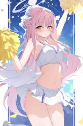 Rule 34 | 1girl, angel wings, arm up, blue archive, blush, breasts, cheering, cheerleader, closed mouth, feathered wings, flower, gradient background, hair bun, hair flower, hair ornament, halo, highres, holding, holding pom poms, large breasts, long hair, looking at viewer, mika (blue archive), nenight, pink hair, pink halo, pleated skirt, pom pom (cheerleading), pom poms, purple flower, single side bun, skirt, solo, white skirt, white wings, wings, yellow eyes