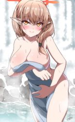 Rule 34 | 1girl, blue archive, blush, breasts, chinatsu (blue archive), chinatsu (hot spring) (blue archive), cleavage, commentary request, covering privates, hair between eyes, large breasts, light brown hair, long hair, looking at viewer, low ponytail, naked towel, nude cover, onsen, orange eyes, outdoors, pointy ears, ponytail, rock, sayossa (pak-front), signature, smile, snow, snowing, solo, steam, towel, water