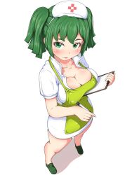 1girl apron blush breasts cleavage clipboard closed_mouth collarbone cornucopia_(game) dress eyelashes from_above full_body green_apron green_eyes green_footwear green_hair hanoyama hat highres holding holding_clipboard holding_pen legs_apart medium_breasts nancy_(cornucopia) nurse nurse_cap pen pink_lips puffy_short_sleeves puffy_sleeves shadow shoes short_hair short_sleeves simple_background smile solo standing twintails white_background white_dress white_hat