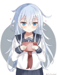 Rule 34 | 1girl, anchor symbol, black sailor collar, black skirt, blue eyes, blush, box, closed mouth, fingernails, gift, gift box, grey background, hair between eyes, heart, hibiki (kancolle), holding, holding gift, kantai collection, long hair, long sleeves, neckerchief, no headwear, pinoaisu, pleated skirt, red neckerchief, sailor collar, shirt, silver hair, skirt, sleeves past wrists, smile, solo, two-tone background, very long hair, white background, white shirt
