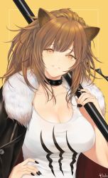 Rule 34 | 1girl, animal ears, arknights, black collar, black jacket, black nails, breasts, brown eyes, brown hair, cleavage, collar, commentary, fur-trimmed jacket, fur trim, hand on own hip, hand up, highres, holding, holding weapon, jacket, kotneo, large breasts, lion ears, long hair, looking at viewer, nail polish, over shoulder, parted lips, siege (arknights), signature, solo, tank top, upper body, weapon, weapon over shoulder, white tank top, yellow background
