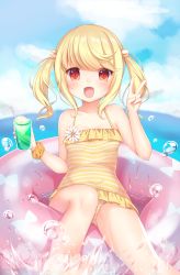 Rule 34 | 1girl, amashiro natsuki, bad id, bad pixiv id, blonde hair, breasts, cloud, collarbone, covered navel, day, eyebrows, flower, hair ornament, highres, holding, innertube, long hair, looking at viewer, ocean, one-piece swimsuit, open mouth, original, outdoors, red eyes, sitting, sky, small breasts, solo, striped clothes, striped one-piece swimsuit, swim ring, swimsuit, v, wristband, yellow one-piece swimsuit