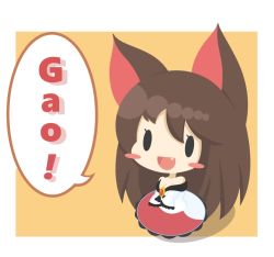 Rule 34 | 1girl, :d, animal ears, bare shoulders, blush stickers, brooch, brown hair, chibi, dress, fang, gao, imaizumi kagerou, jewelry, long hair, off-shoulder dress, off shoulder, open mouth, orange background, simple background, sleeves past wrists, smile, solid oval eyes, solo, touhou, white background, wide sleeves, wolf ears, ziogon, | |