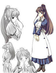 Rule 34 | 00s, 1girl, blue eyes, brown hair, female focus, long hair, maid, multiple views, partially colored, ponytail, sketch, to heart (series), to heart 2