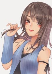 Rule 34 | 1girl, arm warmers, black eyes, black hair, blush, closed mouth, final fantasy, final fantasy viii, highres, holding, holding hair, jewelry, lips, lipstick, long hair, looking at viewer, makeup, necklace, ribbon, rinoa heartilly, rizu (pixiv40228409), simple background, sleeveless duster, smile, solo