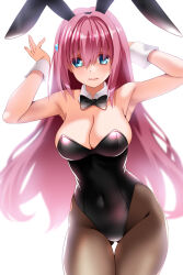 Rule 34 | 1girl, animal ears, armpits, arms up, bare arms, bare shoulders, black bow, black bowtie, black hairband, black leotard, blue eyes, blurry, blurry background, bocchi the rock!, bow, bowtie, breasts, cleavage, closed mouth, commentary request, covered navel, cowboy shot, cube hair ornament, detached collar, engo (aquawatery), fake animal ears, gluteal fold, gotoh hitori, groin, hair between eyes, hair ornament, hairband, highleg, highleg leotard, large breasts, leotard, long hair, looking at viewer, pink hair, playboy bunny, rabbit ears, raised eyebrows, simple background, solo, standing, strapless, strapless leotard, thigh gap, very long hair, wavy mouth, white background, wrist cuffs