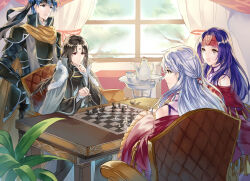 Rule 34 | 2boys, 2girls, bangle, bare shoulders, black hair, blue eyes, blue hair, board game, bracelet, cape, chair, chess, chess piece, commentary request, cup, curtains, detached sleeves, dress, facial mark, fire emblem, fire emblem: path of radiance, fire emblem: radiant dawn, gloves, grey hair, hair ribbon, half updo, headband, ike (fire emblem), indoors, jewelry, jnsghsi, light rays, long hair, long sleeves, looking at another, micaiah (fire emblem), multiple boys, multiple girls, nintendo, open mouth, plant, playing games, purple hair, red eyes, ribbon, robe, sanaki kirsch altina, sitting, sleeveless, sleeveless dress, smile, soren (fire emblem), teacup, teapot, wide sleeves, window, yellow eyes