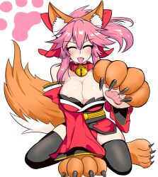 Rule 34 | 1girl, animal ear fluff, animal ears, animal hands, bell, blush, breasts, cat paws, cleavage, closed eyes, collar, fate/grand order, fate (series), fox ears, fox girl, fox tail, gloves, highres, japanese clothes, jingle bell, kimono, large breasts, long hair, looking at viewer, neck bell, open mouth, paw gloves, paw shoes, pink hair, ponytail, red kimono, red ribbon, ribbon, simple background, solo, tail, tamamo (fate), tamamo cat (fate), tongue, uraki jin (artist), white background