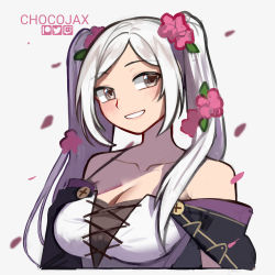 Rule 34 | 1girl, :d, artist name, bare shoulders, blush, breasts, brown eyes, chocojax, cleavage, collarbone, commentary, dress, fire emblem, fire emblem awakening, fire emblem heroes, flower, grin, hair flower, hair ornament, highres, large breasts, looking at viewer, nintendo, official alternate costume, open mouth, parted lips, petals, pink flower, robin (female) (fire emblem), robin (female) (valentine) (fire emblem), robin (fire emblem), silver hair, simple background, smile, solo, twintails, upper body, white background, white dress