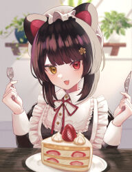 Rule 34 | 1girl, :3, :d, absurdres, animal ears, apron, arms up, black dress, black hair, blunt bangs, blurry, blurry background, butter knife, cake, cake slice, commentary, depth of field, dog ears, dog girl, dress, fang, film grain, flower, food, fork, frilled apron, frills, fruit, hair flower, hair ornament, hair up, hat, heterochromia, highres, holding, holding fork, holding knife, indoors, inui toko, kitsutsuki tsuki, knife, light rays, long sleeves, looking at viewer, maid, mob cap, neck ribbon, nijisanji, open mouth, plant, plate, potted plant, puffy sleeves, red eyes, red ribbon, ribbon, sidelocks, smile, solo, strawberry, strawberry shortcake, sunbeam, sunlight, table, upper body, virtual youtuber, w arms, white apron