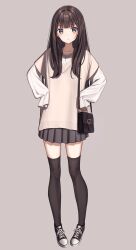 Rule 34 | 1girl, bag, black hair, black skirt, black thighhighs, blue eyes, blush, closed mouth, full body, grey background, highres, huyunora, long hair, long sleeves, looking at viewer, original, pleated skirt, shoes, simple background, skirt, sleeves past wrists, sneakers, solo, standing, thighhighs