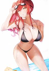 Rule 34 | 1girl, azur lane, bare shoulders, bikini, black bikini, blush, breasts, cleavage, collarbone, goggles, goggles on head, hair ornament, highres, large breasts, long hair, looking at viewer, navel, o-ring, o-ring bikini, one eye closed, parted lips, pnatsu, red hair, side ponytail, skindentation, smile, solo, stoamch, stomach, swimsuit, thighs, wading, wet, zara (azur lane), zara (poolside coincidence) (azur lane)