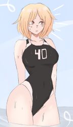 Rule 34 | 1girl, black one-piece swimsuit, blush, breasts, buranyablast, competition swimsuit, covered navel, day, girls&#039; frontline, highres, horizon, medium breasts, mp40 (girls&#039; frontline), multicolored clothes, ocean, one-piece swimsuit, open mouth, outdoors, partially submerged, short hair, sky, solo, swimsuit, two-tone swimsuit, water, wet, wet clothes, wet swimsuit