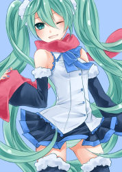 Rule 34 | 1girl, bow, bowtie, detached sleeves, green eyes, green hair, grin, hair between eyes, hatsune miku, long hair, matching hair/eyes, nail polish, one eye closed, panties, pantyshot, scarf, simple background, skirt, smile, solo, striped clothes, striped panties, thighhighs, twintails, underwear, upskirt, very long hair, vocaloid, wink, yayoi (egoistic realism)