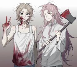 Rule 34 | 2boys, axe, blood, blood on clothes, blood on face, blood on hands, blood on neck, bloody weapon, chinese commentary, closed eyes, closed mouth, commentary request, gradient background, green eyes, hatsutori hajime, highres, holding, holding axe, holding weapon, light brown hair, long hair, long sleeves, male focus, multiple boys, open mouth, parted bangs, pink hair, saibou shinkyoku, shinano eiji, shirt, short hair, sidelocks, simple background, smile, tank top, v, weapon, white shirt, white tank top, xianzhou67435
