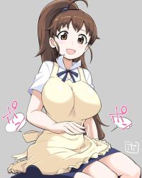 Rule 34 | 1girl, :d, apron, blush, bowieknife, breasts, brown eyes, brown hair, collared shirt, female focus, frills, grey background, impossible clothes, lap pillow invitation, large breasts, long hair, looking at viewer, no shoes, open mouth, patting, ponytail, seiza, shirt, simple background, sitting, smile, solo, taneshima popura, waitress, working!!