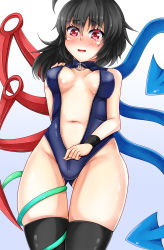 Rule 34 | 1girl, asymmetrical wings, black hair, black thighhighs, blue one-piece swimsuit, blush, breasts, daichi (tokoya), front zipper swimsuit, highleg, highleg swimsuit, highres, houjuu nue, looking at viewer, meme attire, navel, one-piece swimsuit, open mouth, red eyes, solo, swimsuit, tears, thighhighs, tokoya, touhou, unzipping, wavy mouth, wings, zipper