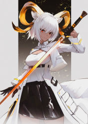 Rule 34 | 1girl, absurdres, animal ears, arknights, black gloves, black skirt, breasts, carnelian (arknights), cleavage, closed mouth, coat, cowboy shot, cropped jacket, dark-skinned female, dark skin, gloves, goat ears, goat horns, gradient background, high-waist skirt, highres, holding, holding sword, holding weapon, horns, jacket, long sleeves, medium breasts, open clothes, open coat, open jacket, qianzhaojihuajipao, red eyes, short hair, silver hair, skirt, smile, solo, sword, underbust, weapon, white coat, white jacket