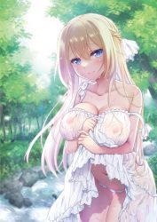 Rule 34 | 1girl, absurdres, bare shoulders, blonde hair, blue eyes, blush, breasts, closed mouth, collarbone, day, highres, long hair, looking at viewer, melonbooks, mori marimo, nipples, original, outdoors, panties, simple background, smile, solo, underwear, white panties
