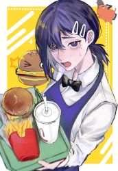 Rule 34 | 1girl, ancoo mm, apron, asymmetrical hair, black bow, black bowtie, blue apron, blue eyes, blue hair, border, bow, bowtie, burger, chainsaw man, collared shirt, commentary, crying, crying with eyes open, cup, disposable cup, drink, drinking straw, food, french fries, from above, frown, hair ornament, hairclip, higashiyama kobeni, highres, holding, holding tray, long sleeves, looking at viewer, low ponytail, mole, mole under eye, open mouth, outside border, pochita (chainsaw man), shirt, short hair, short ponytail, solo, swept bangs, tears, tray, upper body, white border, white shirt, yellow background