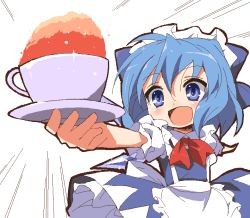 Rule 34 | 1girl, 9law, alternate costume, bad id, bad pixiv id, blue eyes, blue hair, cirno, enmaided, excited, female focus, food, happy, maid, matching hair/eyes, oekaki, shaved ice, solo, touhou, waitress