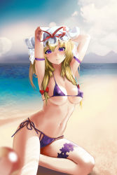 Rule 34 | 1girl, absurdres, arm strap, armpits, arms up, bare arms, bare shoulders, beach, bikini, blonde hair, blue sky, blurry, blurry foreground, bow, breasts, cloud, commentary, day, hair between eyes, hair bow, hat, hat ribbon, highres, liyou-ryon, looking at viewer, medium breasts, micro bikini, mob cap, navel, outdoors, parted lips, purple bikini, purple eyes, red bow, red ribbon, ribbon, sand, shadow, shiny skin, side-tie bikini bottom, sidelocks, sitting, sky, smile, solo, stomach, swimsuit, thighs, touhou, water, white hat, yakumo yukari