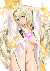 Rule 34 | 1girl, arms up, blonde hair, blue eyes, blush, breasts, crown (naked king) (nikke), crown (nikke), diadem, disembodied hand, drill hair, goddess of victory: nikke, grin, hair ornament, headgear, lips, long hair, looking at viewer, medium breasts, open clothes, open shirt, ramuneogura, shirt, smile, solo, white shirt