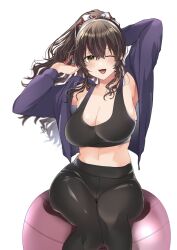 Rule 34 | 1girl, alternate costume, ashigara (kancolle), ashigara kai ni (kancolle), ball, black pants, black sports bra, brown eyes, brown hair, high-waist pants, highres, jacket, kantai collection, kirekawa (lovelyplace), looking at viewer, one eye closed, open mouth, pants, ponytail, simple background, solo, sports bra, sportswear, tight clothes, tight pants, track jacket, white background, yoga, yoga pants