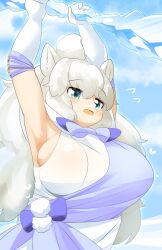 Rule 34 | 1girl, ahoge, animal ears, armpits, arms up, blue eyes, blue sky, blush, breasts, cloud, commentary request, dress, gloves, highres, holding, kemono friends, kemono friends 3, large breasts, lets0020, lion ears, lion girl, open mouth, purple sash, sash, shoulder sash, sideboob, sky, sleeveless, sleeveless dress, solo, upper body, white dress, white gloves, white hair, white lion (kemono friends)