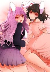 Rule 34 | 2girls, animal ears, arano oki, black hair, blush, breasts, carrot necklace, commentary request, cropped legs, dress, feet out of frame, highres, inaba tewi, jacket, jewelry, light purple hair, long hair, long sleeves, looking at viewer, looking back, lower teeth only, lying, medium breasts, messy hair, miniskirt, multiple girls, necklace, off shoulder, on side, open mouth, pink background, pink dress, pleated skirt, purple skirt, rabbit ears, red eyes, reisen udongein inaba, shirt, short hair, short sleeves, skirt, small breasts, smile, suit jacket, teeth, touhou, very long hair, white shirt