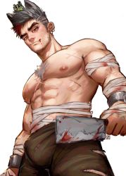 Rule 34 | 1boy, abs, animal ears, bandages, bara, bulge, chest hair, closed mouth, earrings, greenteaa, highres, jewelry, large pectorals, looking at viewer, male focus, mature male, muscular, muscular male, original, pectorals, short hair, smile, solo, spiked hair, thick eyebrows