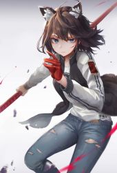 Rule 34 | 1girl, absurdres, animal ears, blue eyes, brown hair, denim, envysoi, gloves, highres, holding, holding spear, holding weapon, jacket, original, pants, polearm, red gloves, scar, short hair, single glove, solo, spear, torn clothes, torn pants, weapon, wolf ears