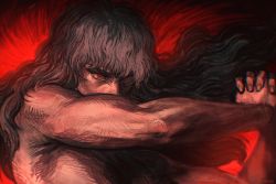 Rule 34 | 1boy, anniechromes, berserk, curly hair, fallen angel (painting), fine art parody, floating hair, griffith (berserk), hair between eyes, highres, long hair, male focus, muscular, muscular male, own hands clasped, own hands together, parody, red background, red eyes, red theme, solo, topless, topless male, wavy hair